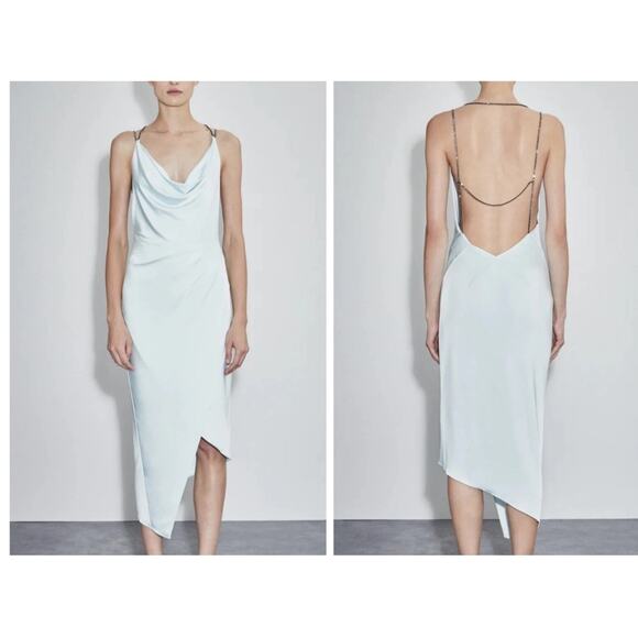 ET OCHS Cowl Neck Open Back Asymmetric Hem Midi Chain Dress In Frost Size 2 NWT - Picture 1 of 12